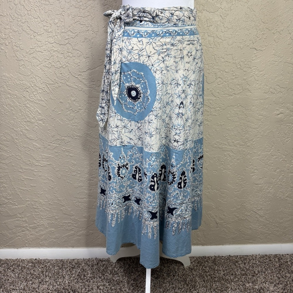 VTG Batik Print Cotton Wrap Midi Skirt Womens OS Boho Festival 90s Hippie Beach